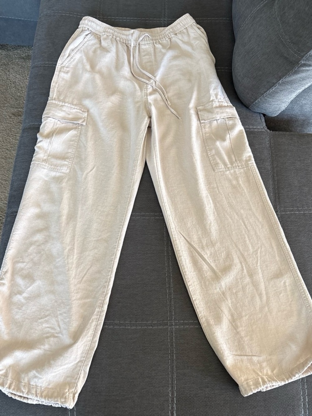 Love Tree Pants Womens cream Jogger Linen Blend Drawstring Waist. L